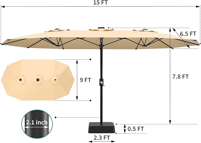 15 ft Umbrella Outdoor Patio with Base, Double-Sided Rectangular Outdoor Shade,UV & Fade-Resistant Polyester, Easy Crank Lift,Waterproof Market Umbrella for Pool, Garden, Backyard