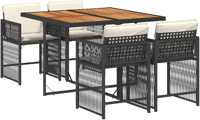5 Piece Garden Dining Set Black Cream White Outdoor Patio Table with 4 Chairs Cushions Weather Resistant Steel Frame Acacia Wood Top Poly Rattan for Backyard Deck Entertaining