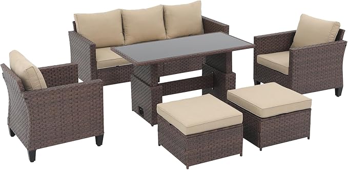 SUNSITT Outdoor Patio Furniture Set 6 Piece Wicker Conversation Set with Lift Coffee Table Sectional Dining Set 3 Seat Sofa Couch with Ottoman, Brown Wicker & Beige Cushion