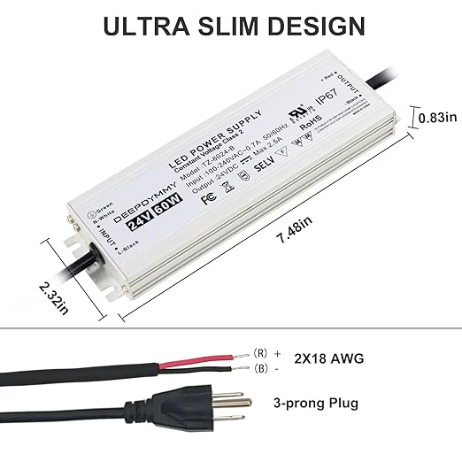 24V DC Power Supply 60W - Ultra Slim LED Driver Low Voltage Transformer with 3-Prong Plug & 3.3ft Cable, IP67 Waterproof for LED Strip Lights, Outdoor Lighting