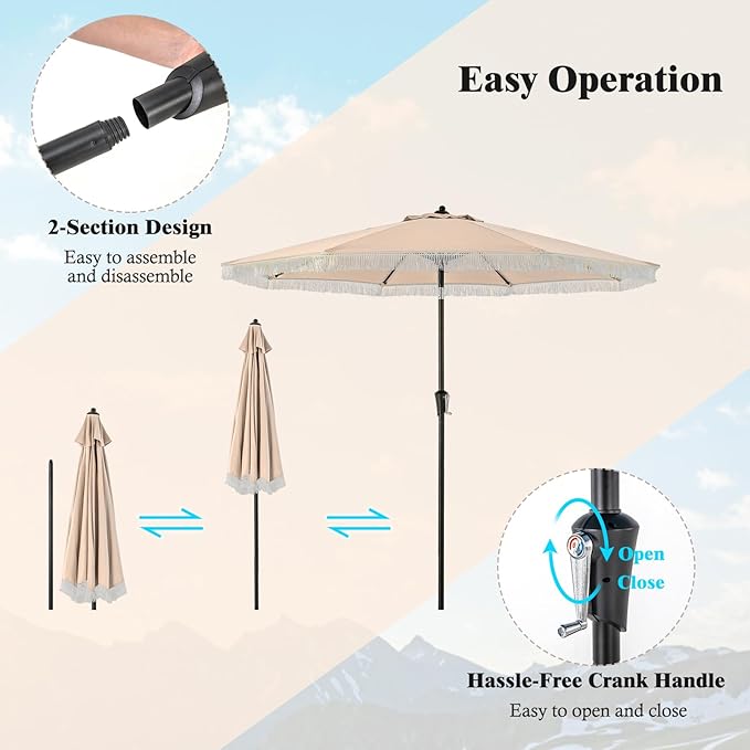 Tangkula 9Ft Patio Umbrella with Fringe, 2-Tier Outdoor Boho Umbrella with Tassels, Crank Handle, Push Button Tilt, Sun-Protective Canopy, 8 Ribs for Deck Backyard Poolside