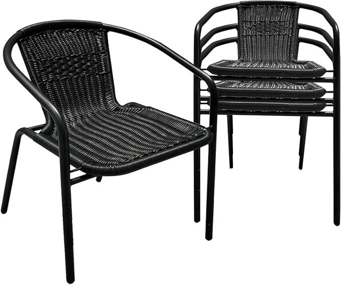 4 Pack Black Stackable Outdoor Rattan Chairs, All-Weather Patio Seating for Balcony Porch Lawn, Small Patio Furniture Set for Front Porch Decor & Outdoor Spaces