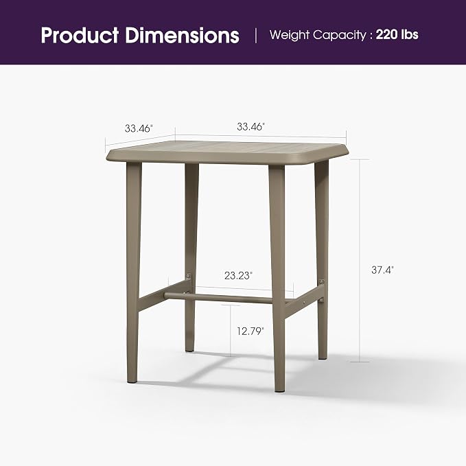PURPLE LEAF Counter Height Table Patio Square Table Dining Coffee Kitchen Breakfast Bistro Outdoor Pub Bar Table for Garden Balcony, Champagne