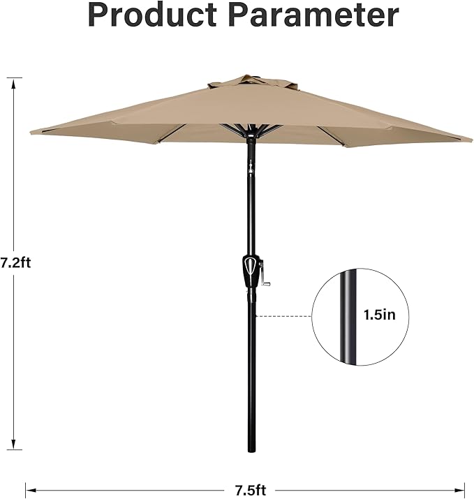 Simple Deluxe 7.5' Patio Umbrella Outdoor Table Market Yard Umbrella with 6 Sturdy Ribs for Backyard, Pool, Garden, Deck, Tan