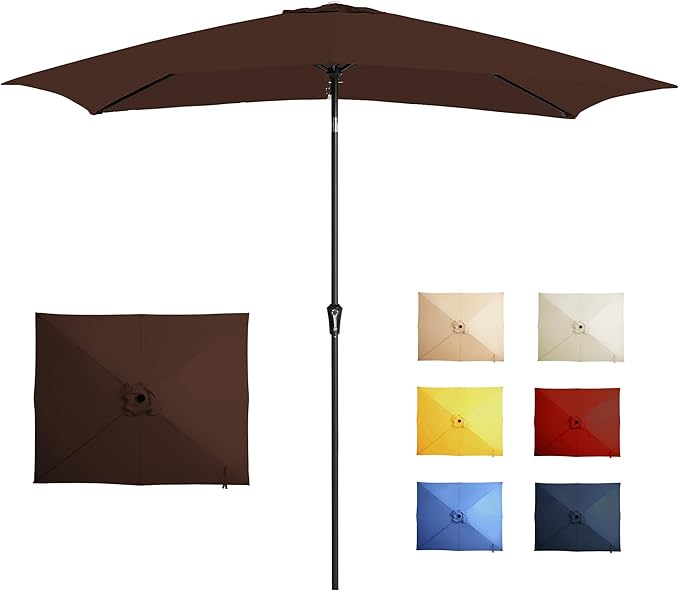 6.5x10FT Rectangular Patio Umbrella with Push Button Tilt & Crank Lift for Garden,UV Protection Outdoor Umbrella for Deck,Pool and Yard,Brown