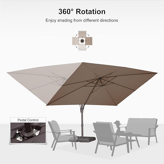 PURPLE LEAF 9' X 11.5' Rectangle Cantilever Umbrella with Base Patio Umbrella Outdoor Aluminum Antique Bronze Offset Hanging Umbrella with 360-degree Rotation for Pool Garden Backyard Deck, Taupe