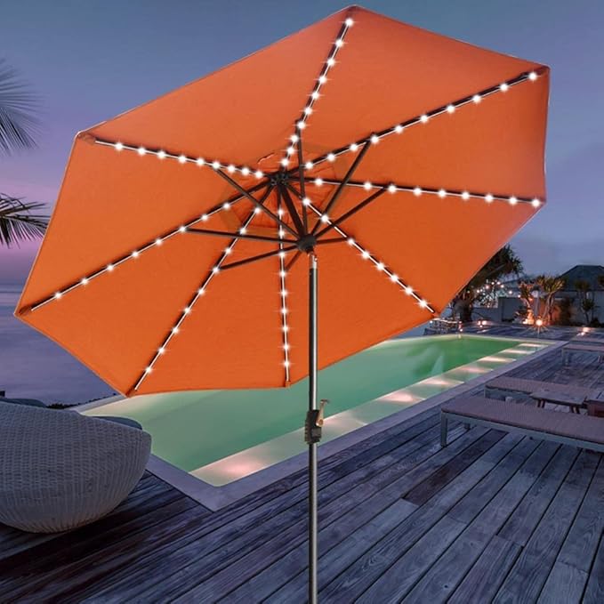 EliteShade USA 10-Year-Non-Fading 9ft Market Patio Umbrella, Commercial Grade Table Sun Umbrella with 80 Solar LED Lights, Crank Open, Windproof & UPF 50+ UV Protection for Garden, Deck, Pool, Backyard, Rust