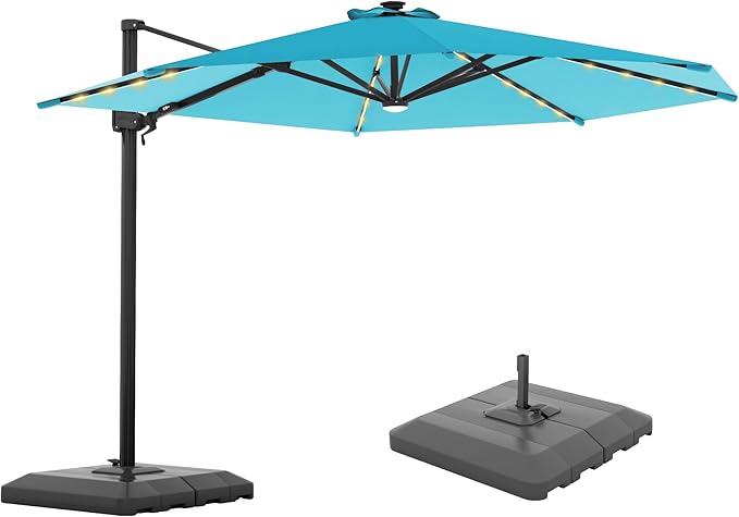 FLAME&SHADE 11ft Cantilever Patio Umbrella with Base, Round Offset Umbrella with Solar Light Strips, Large Heavy Duty Outdoor Aluminum 360° Rotation,for Deck,Pool,Backyard
