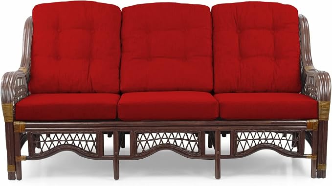 Malibu Lounge Set of 4: 2 Natural Rattan Wicker Chairs, Three-Seater Sofa with Cushions and Coffee Table with Glass Handmade, Dark Brown Color