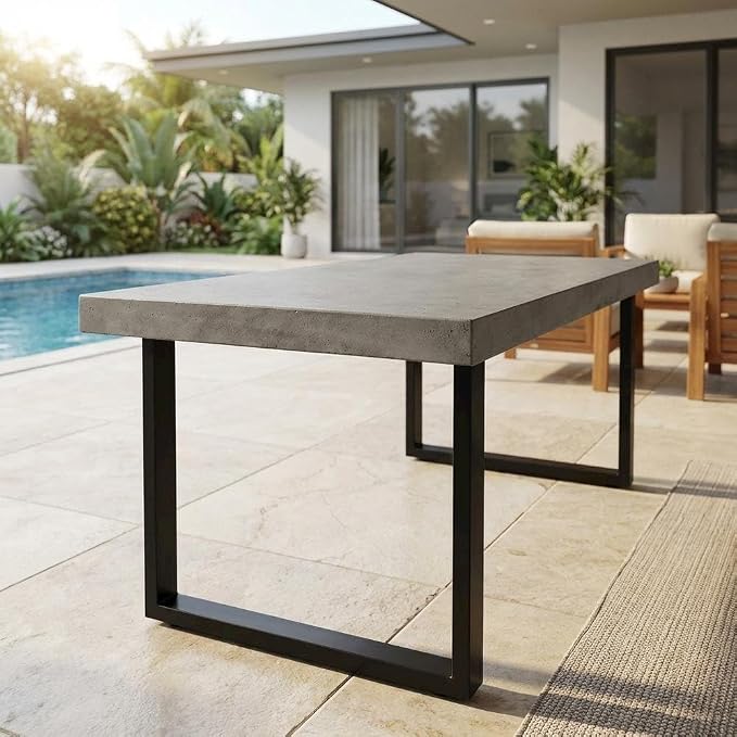 Outdoor EscapeGray Cement Top Outdoor Dining Table for Six, Concrete Surface, Modern Design, Weather-Resistant, Garden and Backyard Use