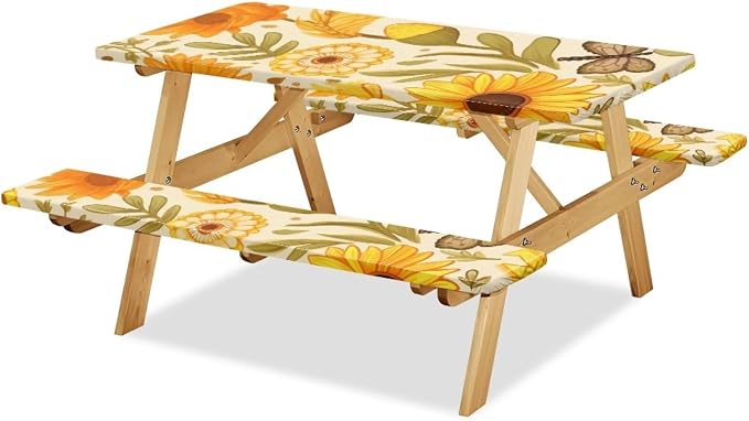 Yellow Floral Picnic Table Cover with Bench Covers Camping Essentials Outdoor Table and Chairs Decorative Sets Flexible Picnic Table 3 Piece Set Suitable for BBQ Picnic Party Camping