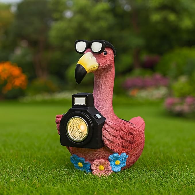 GoGnome Solar Flamingo Garden Statue with Camera Light – 5.5in Tall Solar Powered Outdoor Figurine for Yard, Patio, Balcony – Funny Garden Decor, Gift for Women (Flamingo)