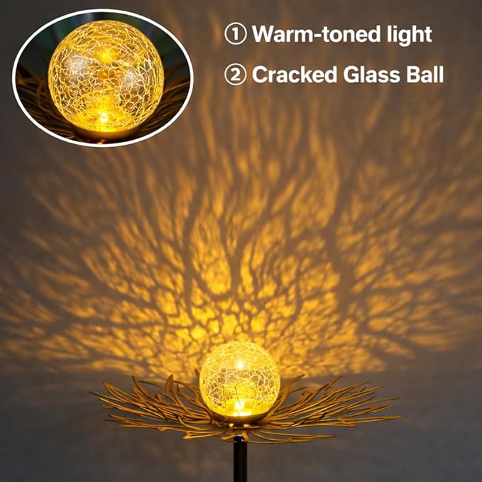 Solar Garden Lights Outdoor Decor, Metal Flower Stake Light with Warm White Crackle Glass Globe, Waterproof Decorative Solar Yard Art for Patio Lawn Backyard Pathway, Gardening Gift（Gold）