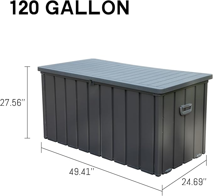 Pool Storage Box 120 Gallon, Waterproof Deck Box, Resin Lid Metal Patio Storage Bin with Lockable, Dark Gray