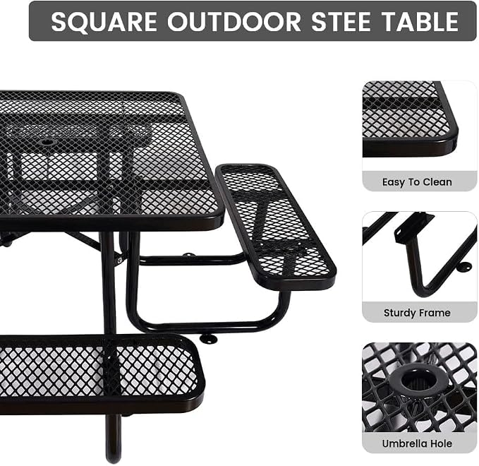 46" Square Commercial Picnic Table for 4-8 Person, Heavy Duty Metal Outdoor Picnic Table with Umbrella Hole for Coffee Shop, School, Hospital, Easy to Install, Black