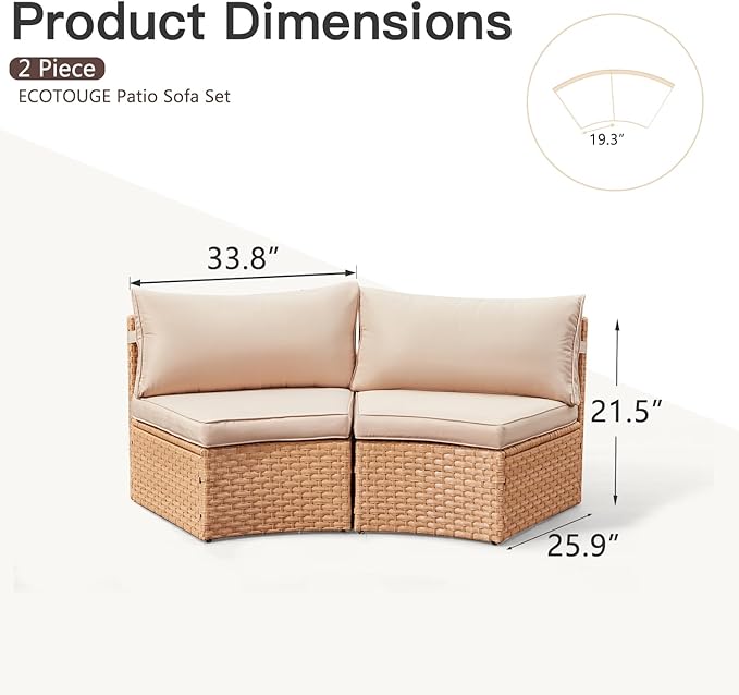 ECOTOUGE Patio Conversation Set, 2 Piece Half-Moon Sectional Round Patio Furniture Set, Wicker Sofa for Pool Backyard Patio Garden(Khaki)