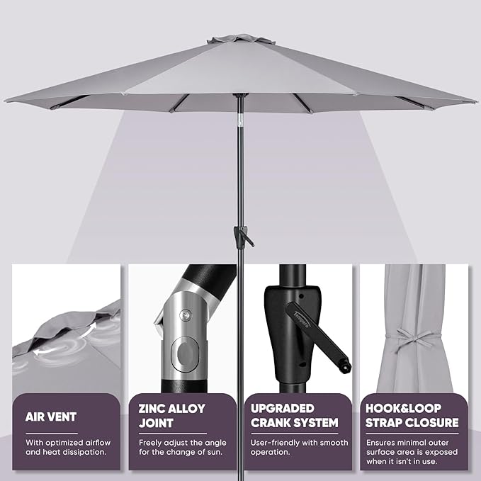 Tempera Patio Market Outdoor Table Umbrella with Push Button Tilt and Crank, Large Sun Umbrella with Sturdy Pole & Fade Resistant Canopy, Easy to Set