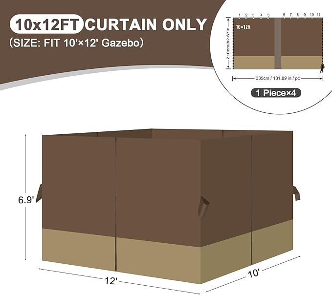 Aoodor 10x12 ft Outdoor Gazebo Curtains, 4 Panels Waterproof Privacy Sidewall Replacement with Zipper for Patio Pergola and Canopy, Brown and Khaki