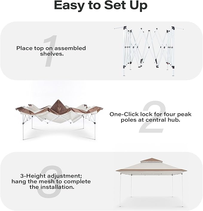 LAUSAINT HOME 11x11 Pop Up Gazebo with 50FT String Lights, Mosquito Netting, Instant One-Push Setup, Adjustable Height Outdoor Canopy Tent Shelter with Carry Bag for Patio, Backyard, Camping, Khaki