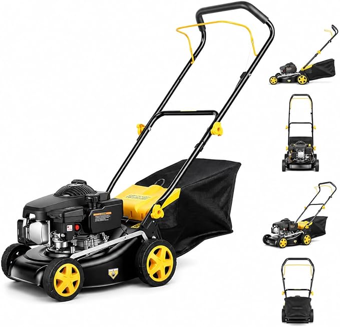 16 Inch Gas Lawn Mower 132CC 4-Stroke Push Lawn Mower with 8-Position Height Adjustment, 45L Grass Bag, 15.75 Inch Cutting Width, Walk Behind Grass Cutter for Yard Garden Orchard Lawn Care