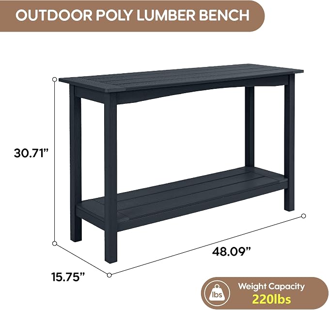 Weatherproof HIPS Outdoor Console Table, 48'' 2-Shelf Side Table Indoor/Outdoor Use, Multifunctional Buffet Table Bar Storage Organizer for Entryway,Yard, Outside Plant Stand Table, Black