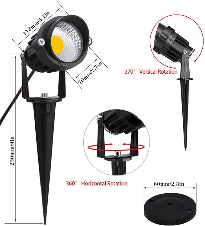 HANNAHONG 5W AC120V Landscape Up Down Spot-Light with Spiked Stand and Base,Warm White LED for Lawn Garden,Yard Step Wall Outdoor Lighting Lamp,5 Ft Cable with Plug,Waterproof (2 Pack)