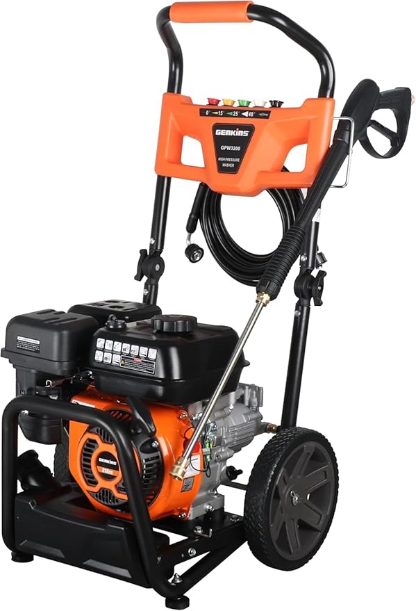 Genkins 3200 PSI Gas Foldable Pressure Washer, 2.5 GPM Residential Power Washer,5 Nozzles, Soap Tank & 25 Ft Hose, Portable Cleaner for Car, Patio, Driveway & Fence