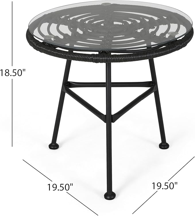 Rattan Outdoor Side Table with Tempered Glass Tabletop, Weather-Resistant Patio End Table, Stable Steel Frame for Balcony, Porch, Deck, Grey