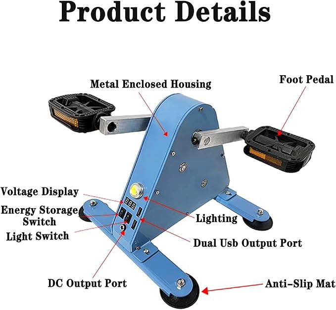 Foot Pedal Power Generator, 100W Pedal Generator, Hand Crank Generator DC 1-35V Output, Foot Pedal Generator with Double USB Interface and LED Lighting, for Household Outdoor Mobile
