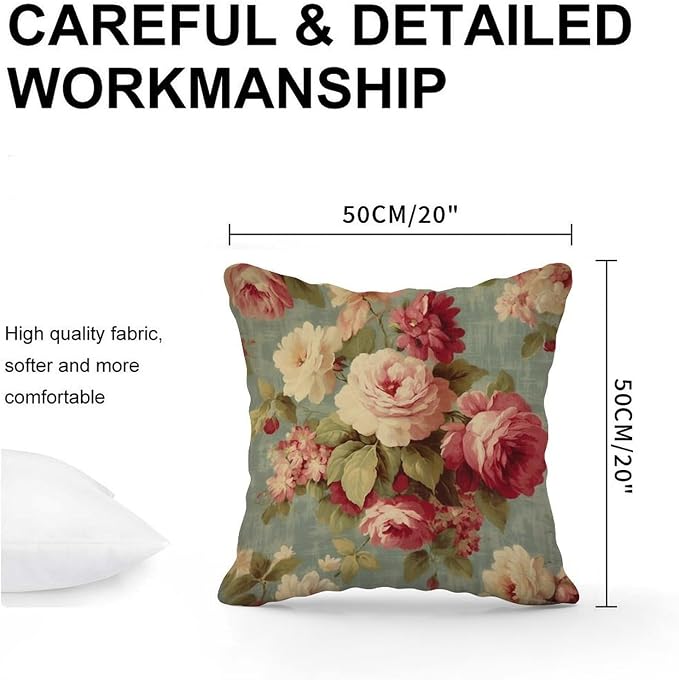 Throw Pillow Covers Watercolor Pink Roses Cushion Cases Retro Romantic Aqua Flower Pillow Cover Accent Outdoor Waterproof Decorative Pillow Cover for Patio Funiture Garden 20x20 in