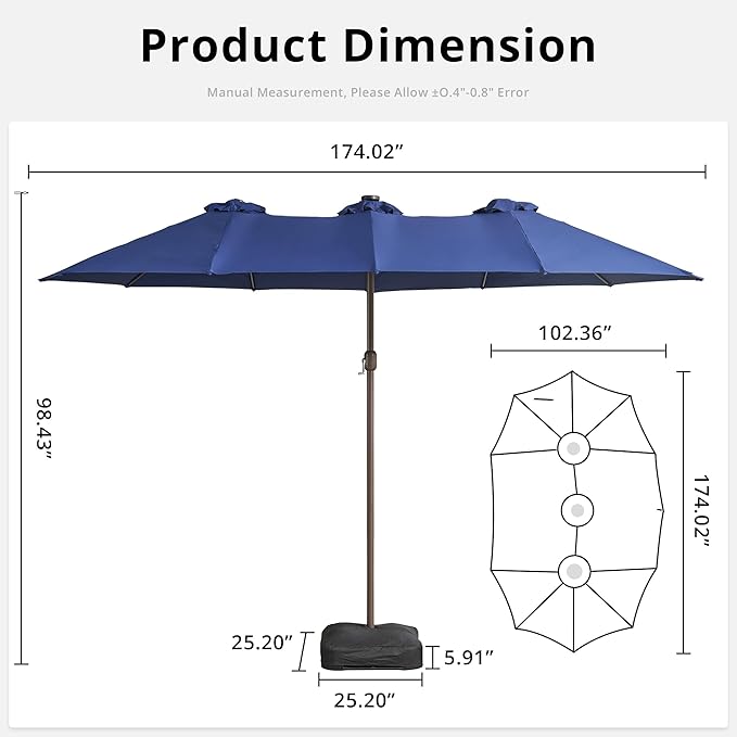 15ft Large Patio Umbrellas with Base & Solar Lights,Outdoor Rectangle Double-Sided Market Umbrella with Stand & 38 LED Lights,Outside Umbrellas for Poolside Deck Backyard (Navy Blue)