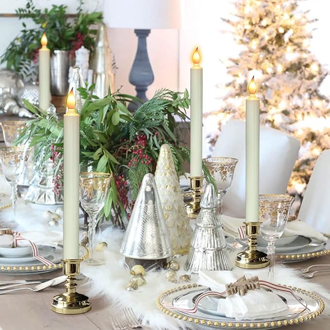 DRomance Flameless Window Candles with Remote and Timer, Battery Operated LED Taper Candles with Suction Cups Set of 6 Christmas Window Candle Holiday Decor(Gold Holders)