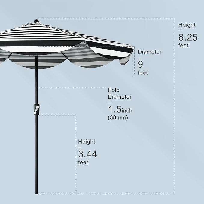 Tempera 9ft Auto Tilt Scalloped Patio Umbrellas Outdoor Table Umbrellas with Fade Resistant Canopy, 8 Sturdy Rids, Vintage Umbrellas for Lawn, Pool, Deck, Balcony