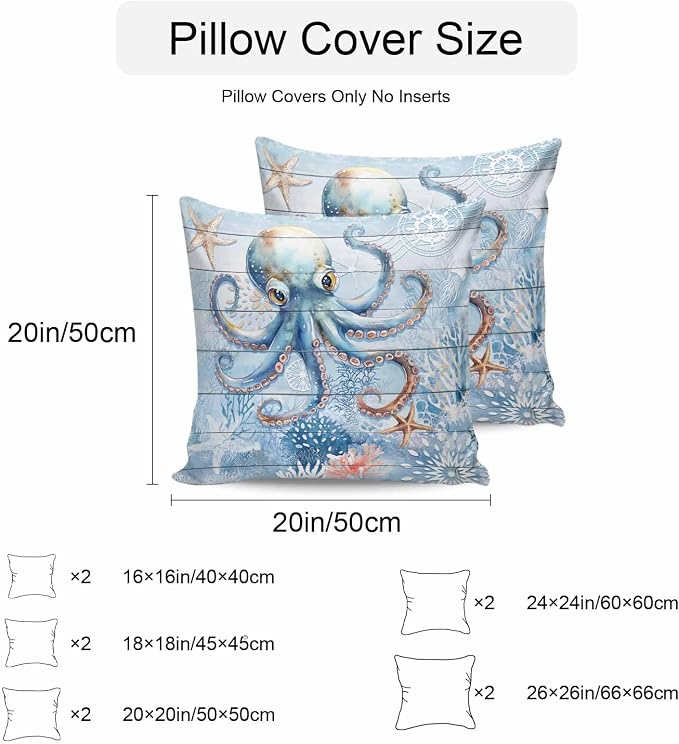 Coastal Octopus Waterproof Outdoor Pillow Covers Set of 2 Home Decor, Nautical Sea Starfish Coral Wooden Grain Pillowcase Patio Pillow Covers for Couch Bench Furniture Garden 24x24in