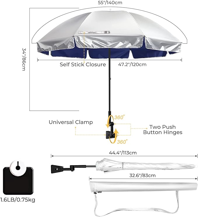 Prospo Beach Chair Umbrella with Universal Adjustable Clamp, UV Protection Sunshade Umbrella for Outdoor, Strollers, Wheelchairs, Patio Chairs, Bleacher, and Golf Carts
