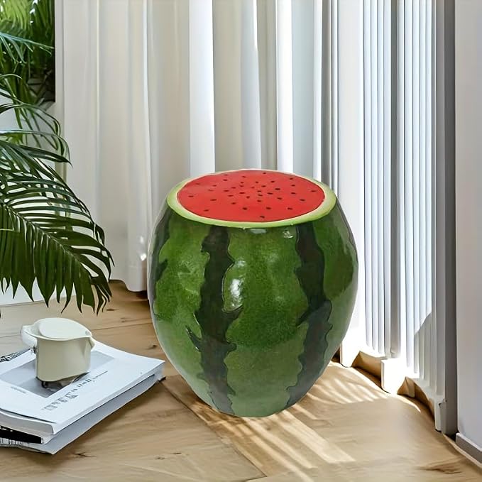 13.4" Watermelon Fruit Stool Side Table, Resin Multi-Purpose Garden Stool & Plant Stand, Indoor Outdoor Fruit End Table for Patio, Porch, Home Decor, Housewarming Gift