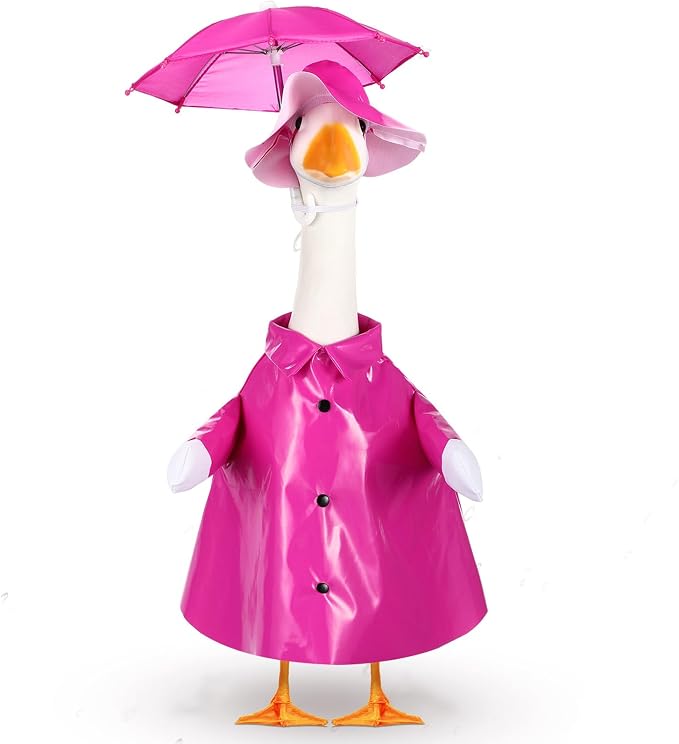 FuWeave Summer Baby Goose Outfit Raincoat and Umbrella for 17'' Lawn Porch Baby Goose Costume Plastic Raincoat Clothes for Summer Spring Outdoor Patio Yard Lawn Decoration(Rose Red)