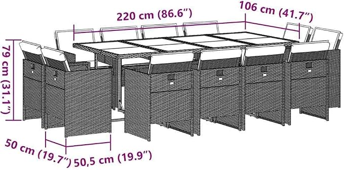 13 Piece Patio Dining Set, 12 Seater Outdoor Table and Chair Set with Cushions, Space Saving Cube Garden Furniture, Weather Resistant PE Rattan Brown