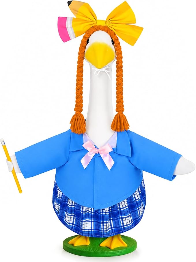 JcHrmers Back to School Goose Outfit Student Porch Goose Outfits School Nniform Lawn Goose Clothes Fits 23" Cement Plastic Goose Statue for School Classroom Outdoor Garden Yard Patio Decor