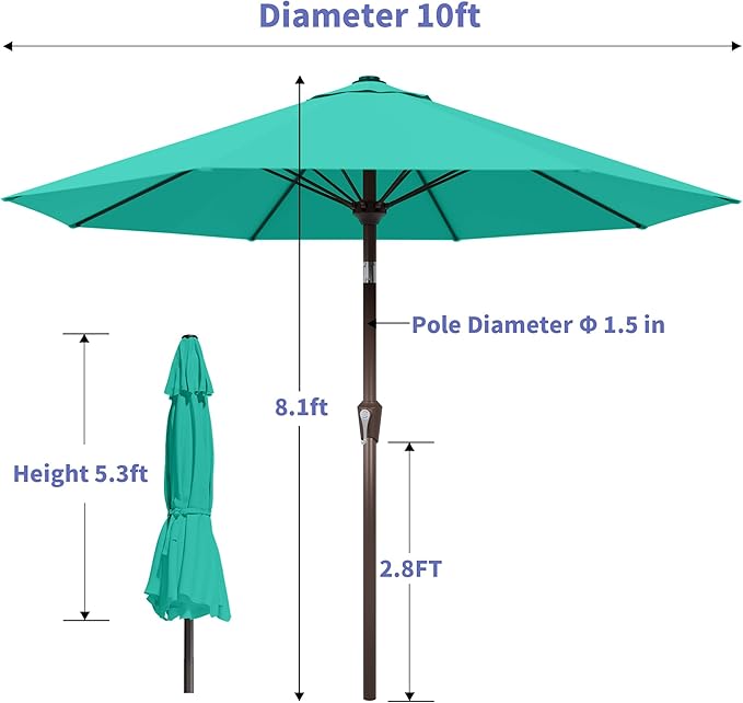 Kingdura 10FT Outdoor Patio Umbrella, Market Table Umbrella with Push Button Tilt and Crank, 8 Sturdy Fiberglass Ribs, UV Protection for Pool, Lawn, Deck, Backyard, Garden (Tiffany blue)
