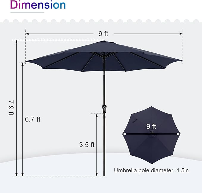 COBANA Patio Umbrella, Outdoor Table Umbrella of 9-Feet with 8 Ribs and Push Button Tilt and Crank, Dark Blue