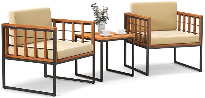 Tangkula 3 Pieces Patio Chair Set, Acacia Wood Outdoor Sofa Set with Metal Support, Soft Seat & Back Cushions Included, Cushioned Bistro Set for Balcony, Porch, Backyard (Beige)