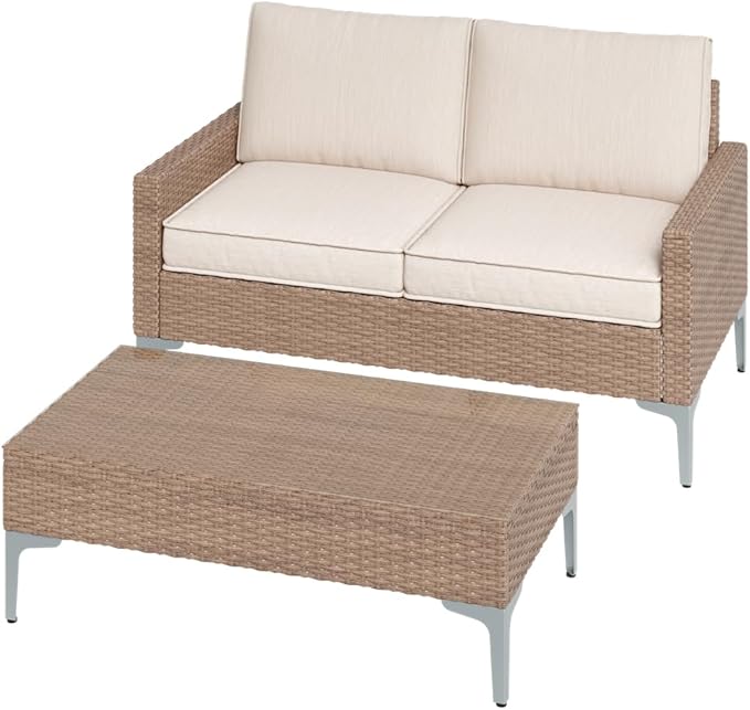 2 Pieces Patio Furniture Set,All Weather Rattan Loveseat with Tempered Glass Table for Porch,Deck,Backyard,Beige