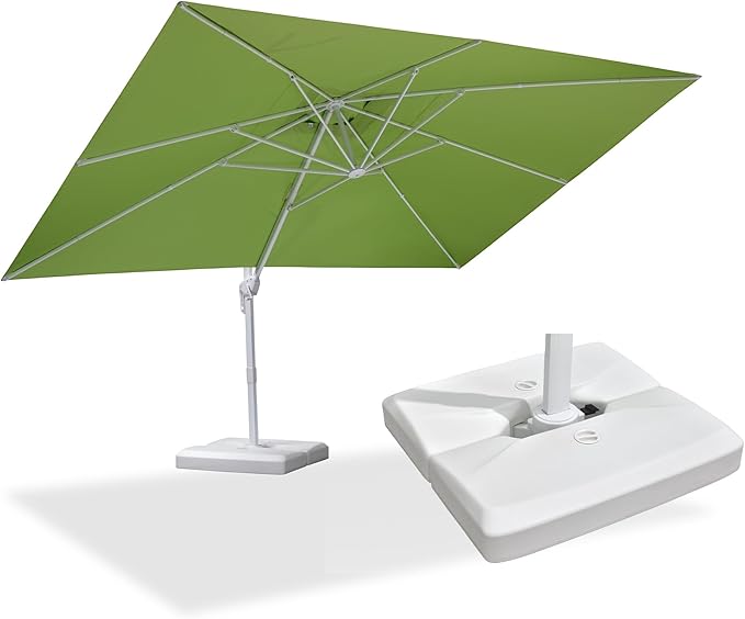 PURPLE LEAF 10' × 13' Patio Umbrella With Base White Cantilever Umbrella Square Outdoor Offset Umbrella Windproof with 360° Rotation for Garden Deck Pool, Macaw Green