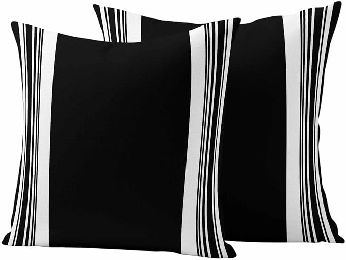 Farmhouse Black Outdoor Waterproof Throw Pillow Covers 16x16 Set of 2, Aesthetic Modern Line Striped Decorative Pillowcases Cushion Pillowcase for Couch Sofa Patio Outside Pillow Protector