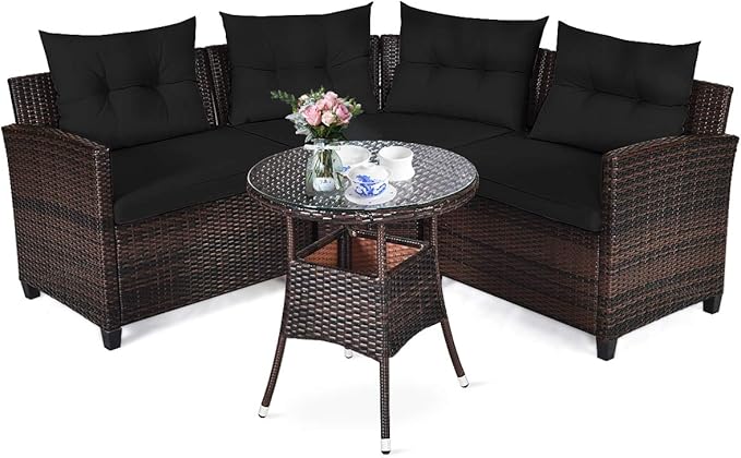 Tangkula 4-Piece C Shape Patio Furniture Set, Outdoor Corner Wicker Rattan Sectional Cushioned Sofa Set, with Glass Coffee Table, for Garden Poolside Balcony (Black)