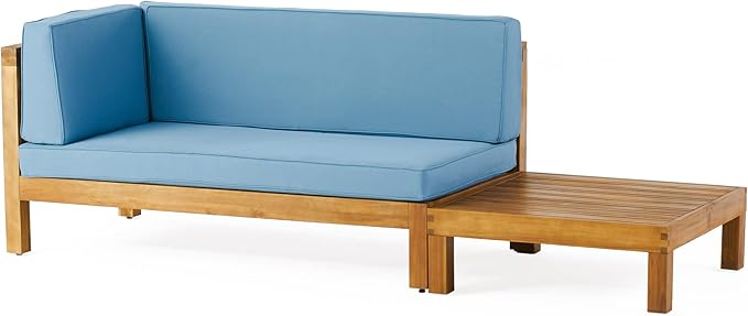 Christopher Knight Home Oana Outdoor Left Arm Loveseat and Coffee Table Set - Acacia Wood - Teak/Blue
