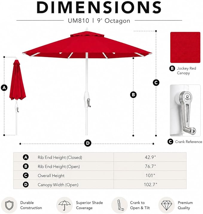 Treasure Garden 9ft Patio Umbrella - Outdoor Furniture Market Umbrella – Deluxe Auto-Tilt – White Aluminum Frame (Sunbrella, Jockey Red)