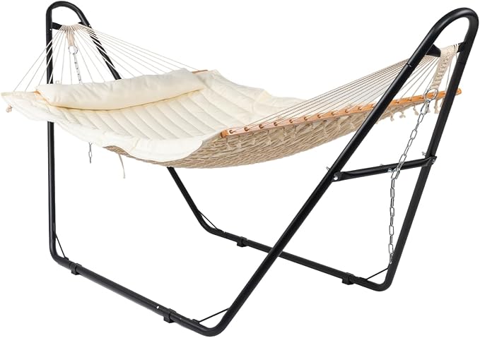 Outdoor Hammock with Stand Set,Double-Barrel Hammocks,Heavy Duty Adjustable Hammock Set,Hammocks Swing Chair Stand,with Soft Pillow,for Outside, Patio, Yard, Garden, Backyard, Camping (Beige)