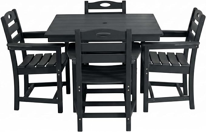 WILLIAMSPACE 37.8" Outdoor Patio Dining Set with 4 Armchairs, All Weather HDPE Square Dining Table with Umbrella Hole, Patio 5-Piece Bistro Set for Backyard, Balcony, Lawn, Kitchen (Black)